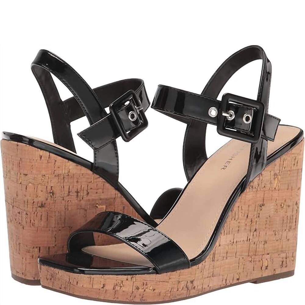 NEW MARC FISHER women's lukey wedge sandal in black/tan - Picture 4 of 4